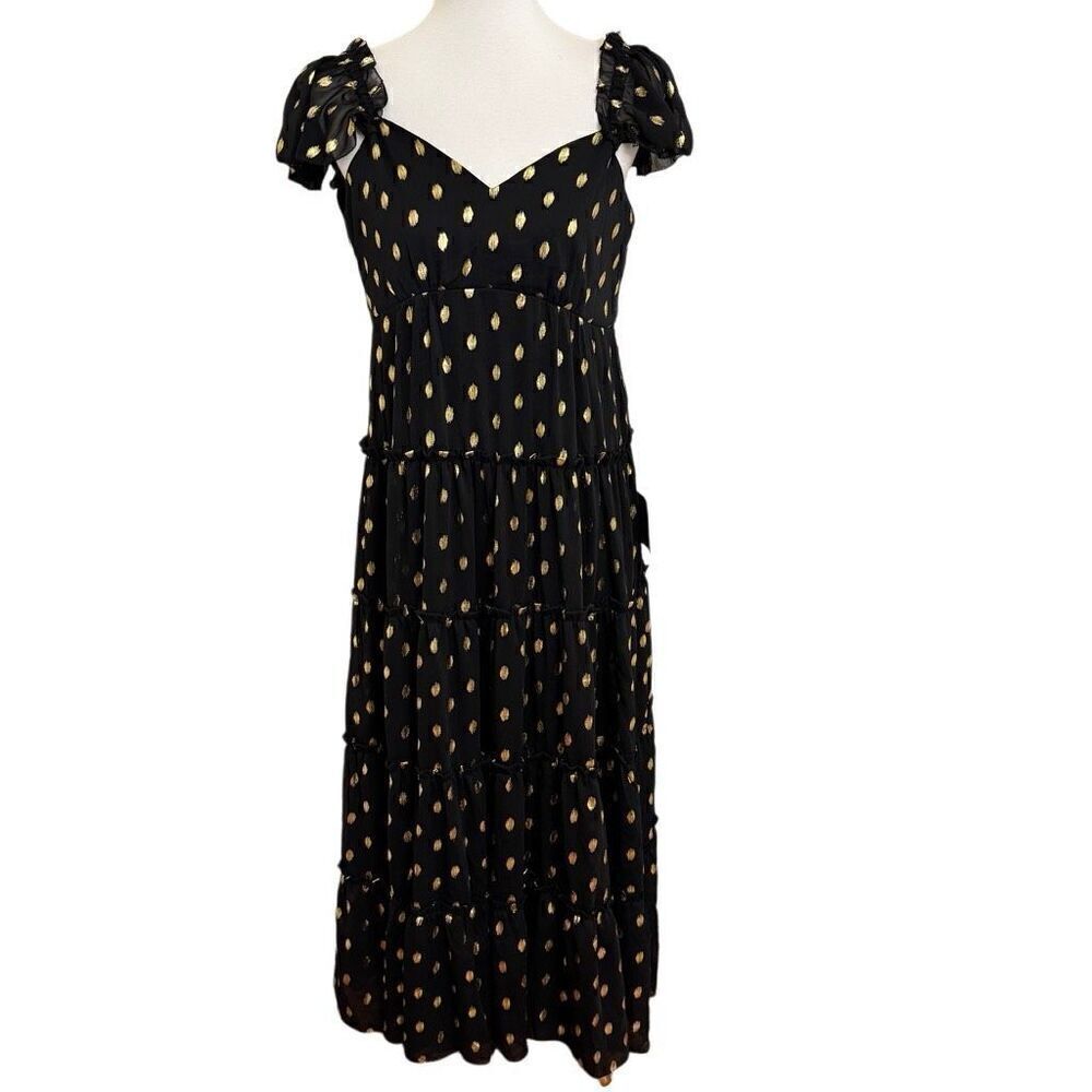 NEW Lulus Drops of Sunshine Black Gold Polka Dot Ruffle Tiered Maxi Dress Small
